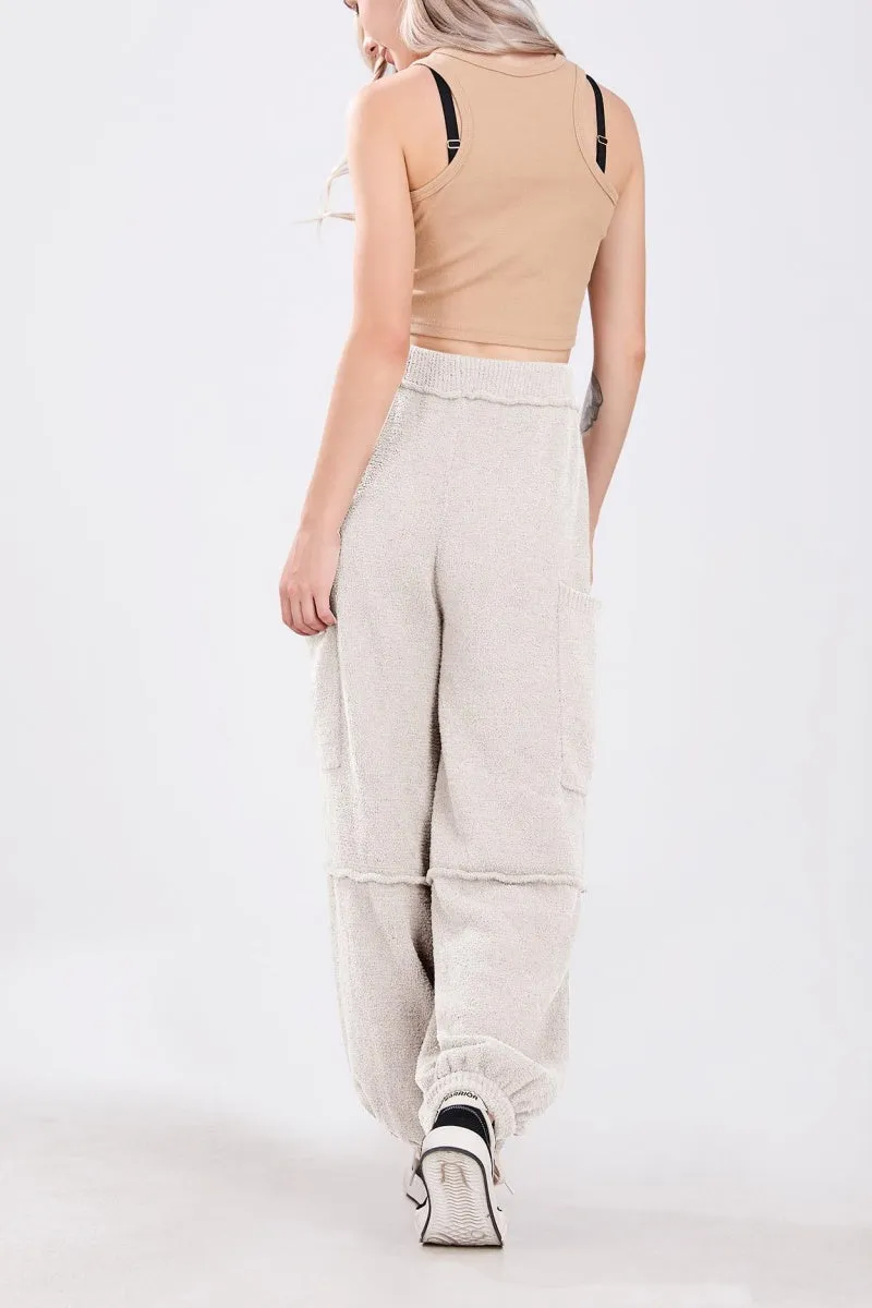 Chouyatou Women's Fuzzy Fleece Wide Leg Pants Elastic Waist Knit Pants Casual Comfy Lounge Trousers with Pockets