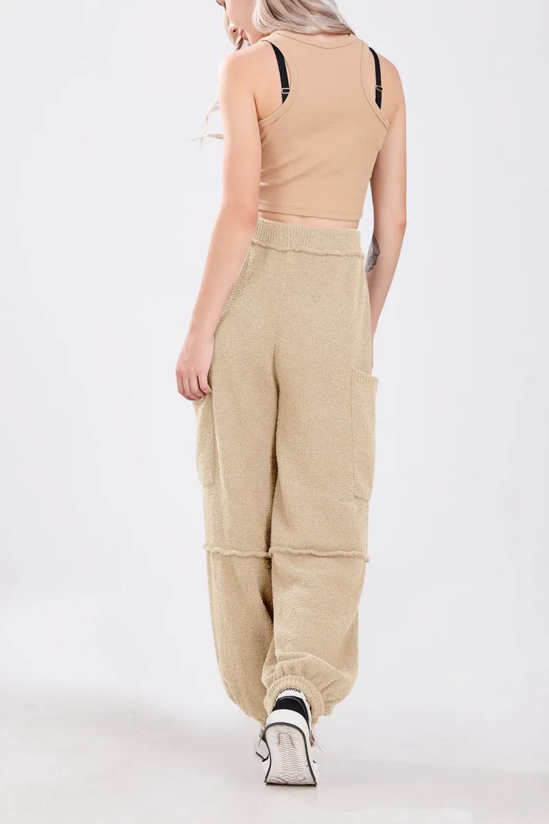 Chouyatou Women's Fuzzy Fleece Wide Leg Pants Elastic Waist Knit Pants Casual Comfy Lounge Trousers with Pockets