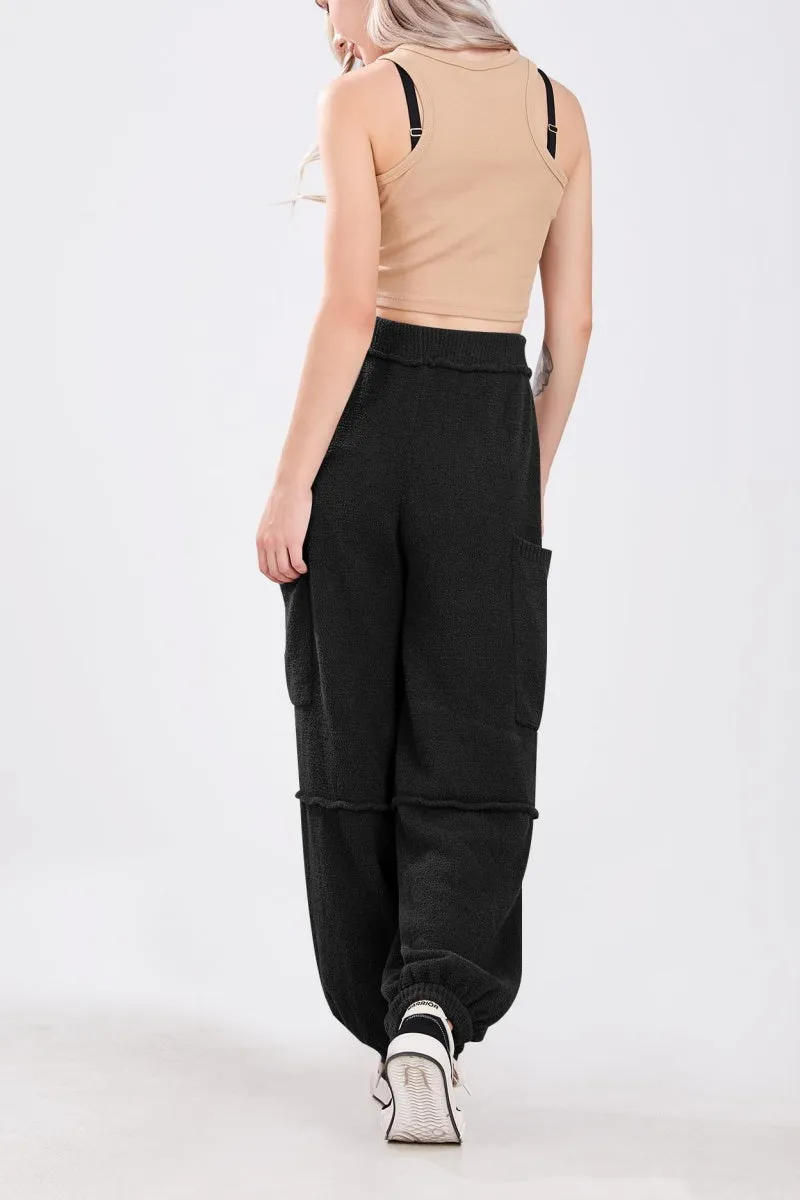 Chouyatou Women's Fuzzy Fleece Wide Leg Pants Elastic Waist Knit Pants Casual Comfy Lounge Trousers with Pockets