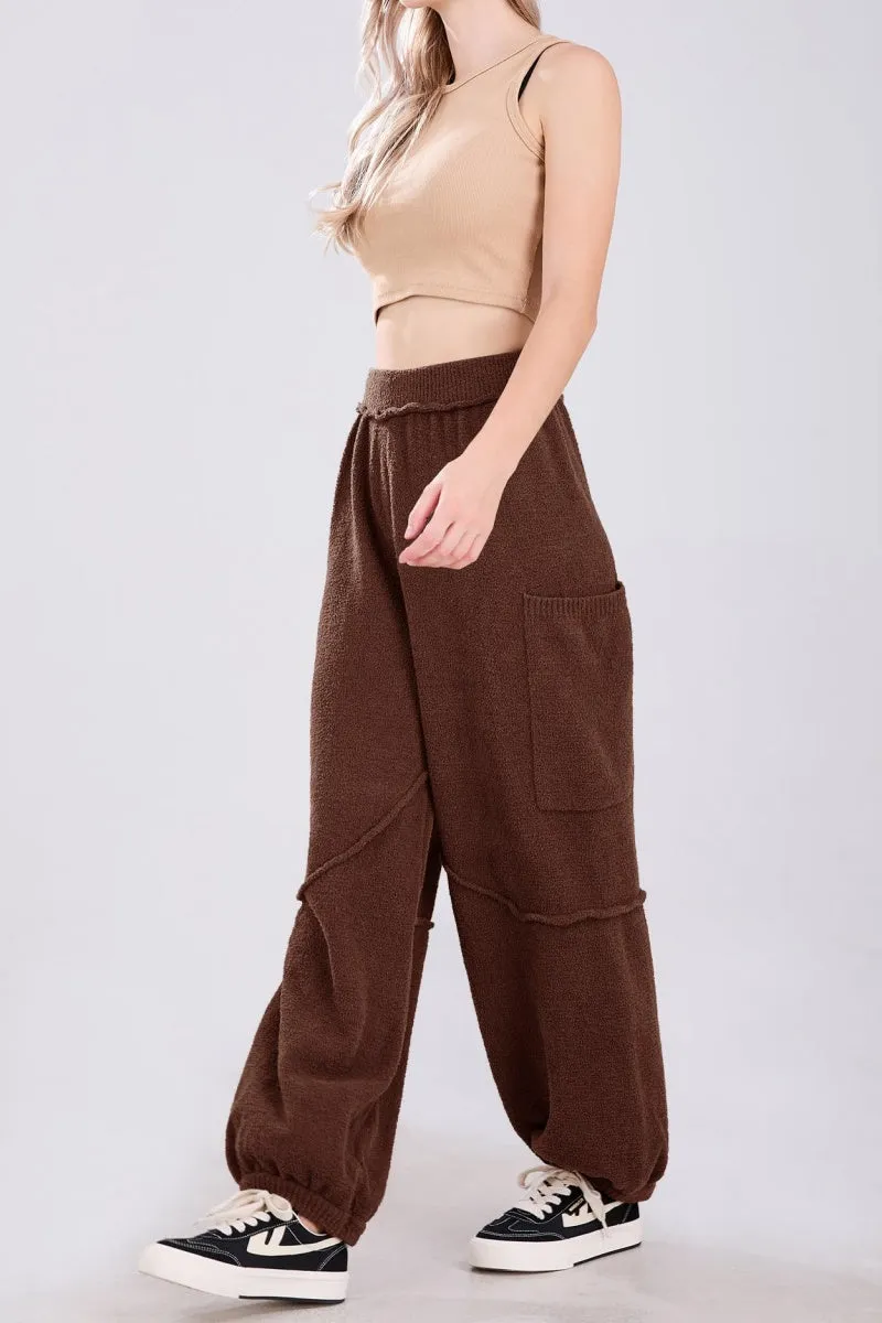 Chouyatou Women's Fuzzy Fleece Wide Leg Pants Elastic Waist Knit Pants Casual Comfy Lounge Trousers with Pockets