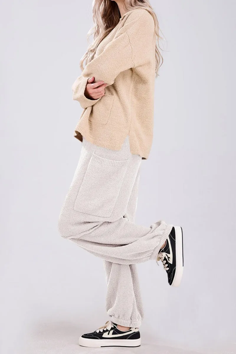 Chouyatou Women's Fuzzy Fleece Wide Leg Pants Elastic Waist Knit Pants Casual Comfy Lounge Trousers with Pockets