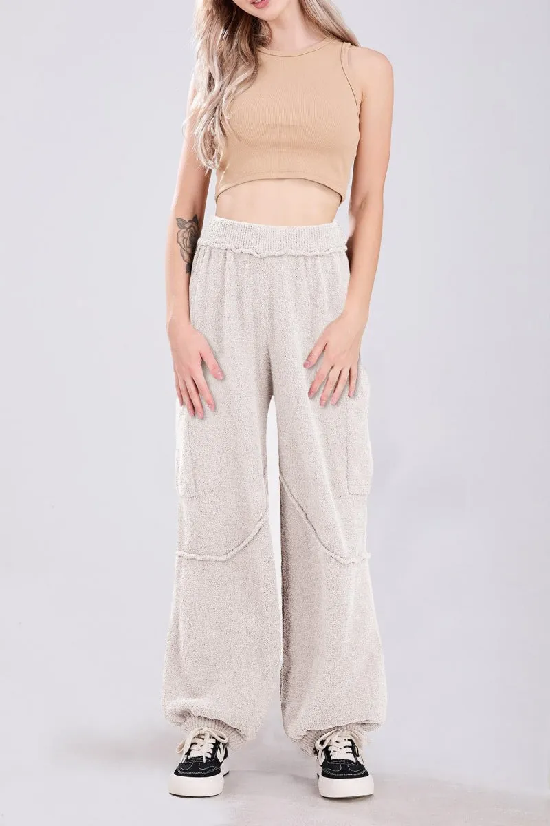 Chouyatou Women's Fuzzy Fleece Wide Leg Pants Elastic Waist Knit Pants Casual Comfy Lounge Trousers with Pockets
