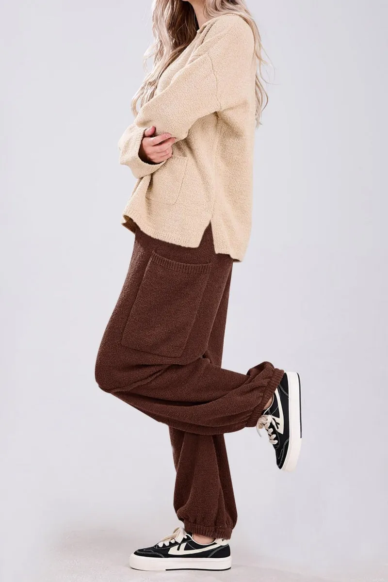 Chouyatou Women's Fuzzy Fleece Wide Leg Pants Elastic Waist Knit Pants Casual Comfy Lounge Trousers with Pockets