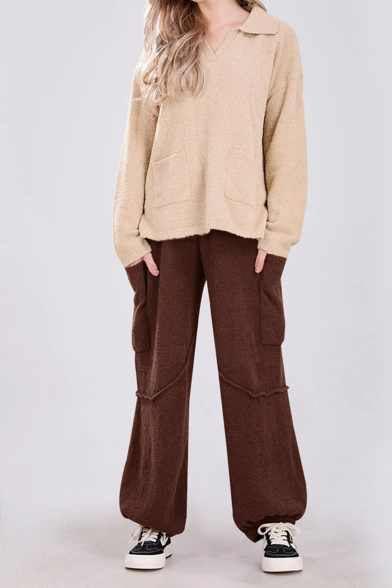 Chouyatou Women's Fuzzy Fleece Wide Leg Pants Elastic Waist Knit Pants Casual Comfy Lounge Trousers with Pockets