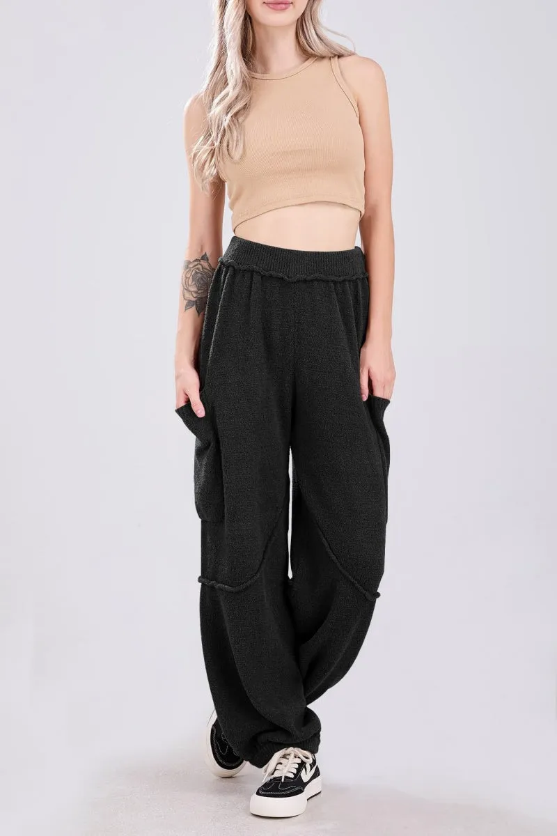 Chouyatou Women's Fuzzy Fleece Wide Leg Pants Elastic Waist Knit Pants Casual Comfy Lounge Trousers with Pockets