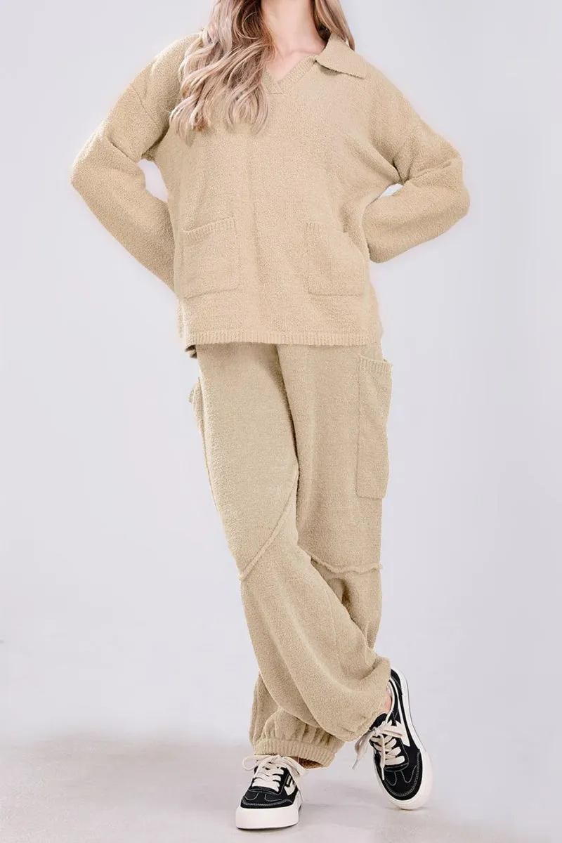 Chouyatou Women's Fuzzy Fleece Wide Leg Pants Elastic Waist Knit Pants Casual Comfy Lounge Trousers with Pockets