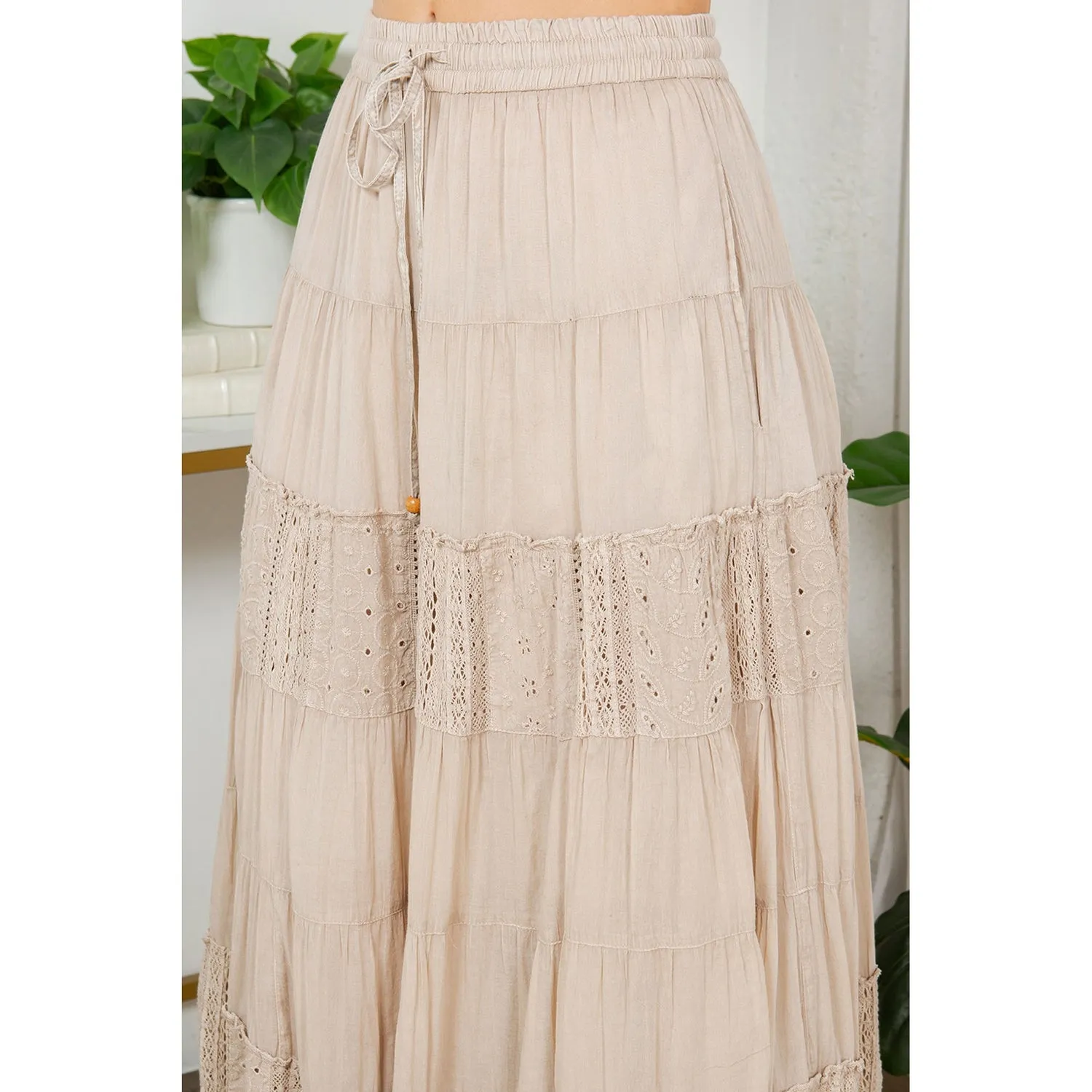 Creamy Beige Embroidered Gauze Maxi Skirt