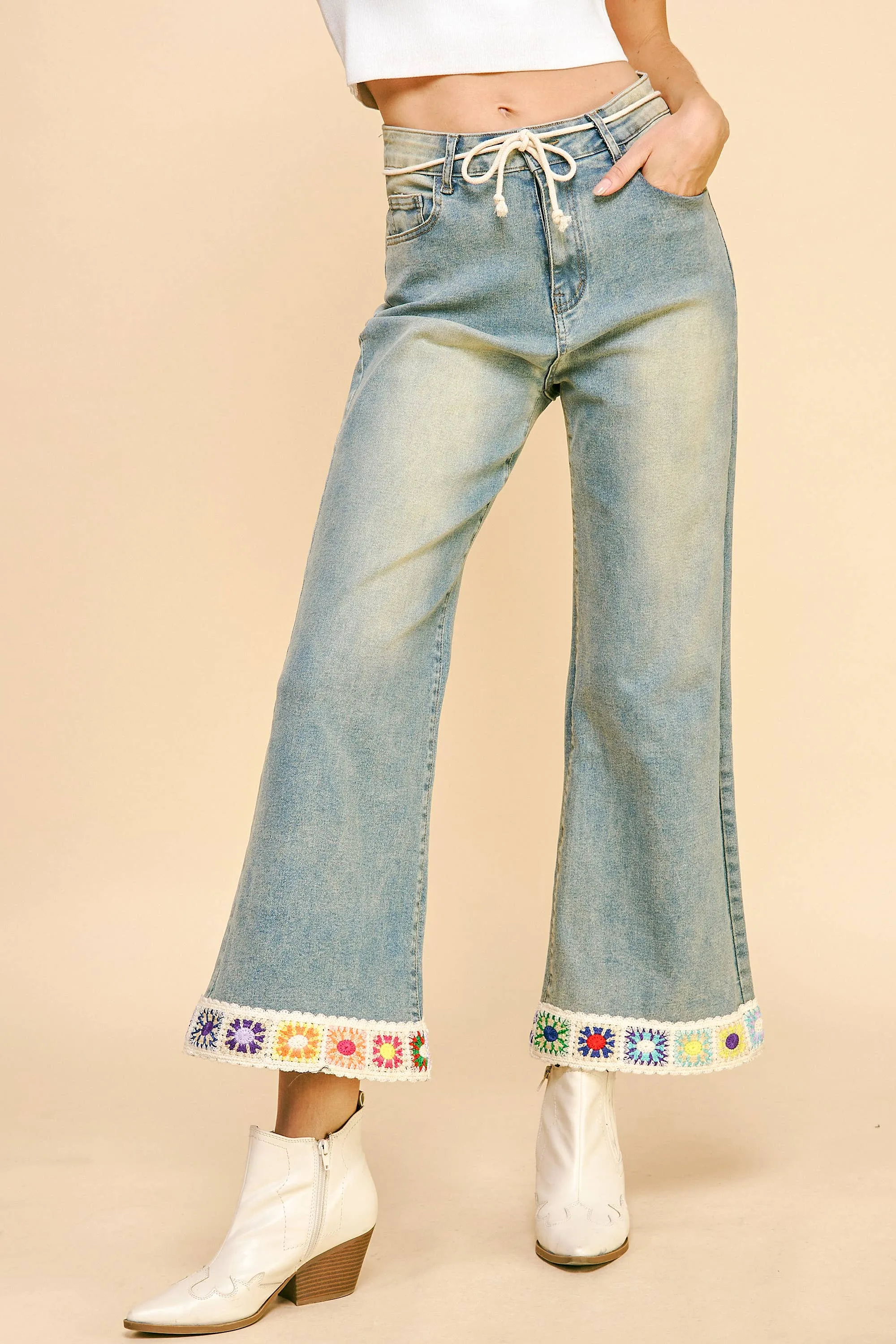 CROCHET TRIM STRAIGHT LEG DENIM JEANS