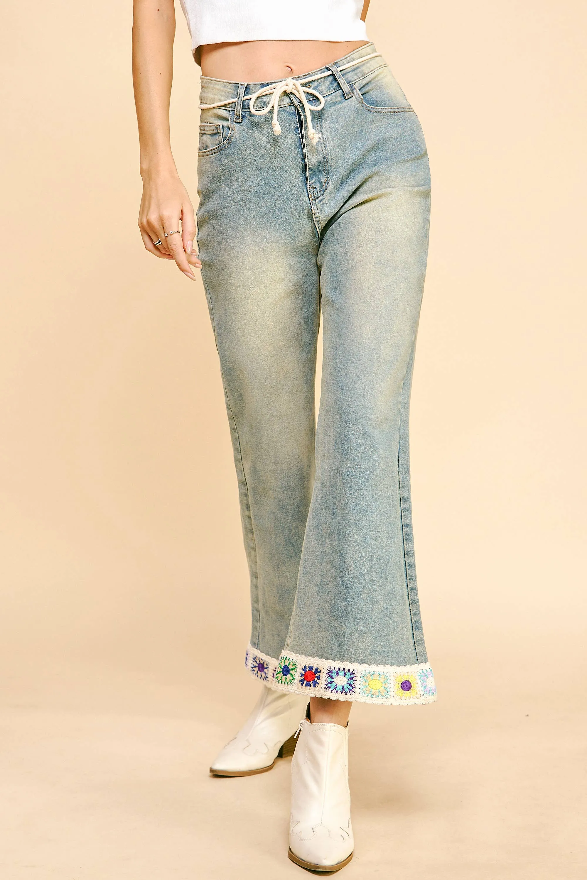CROCHET TRIM STRAIGHT LEG DENIM JEANS