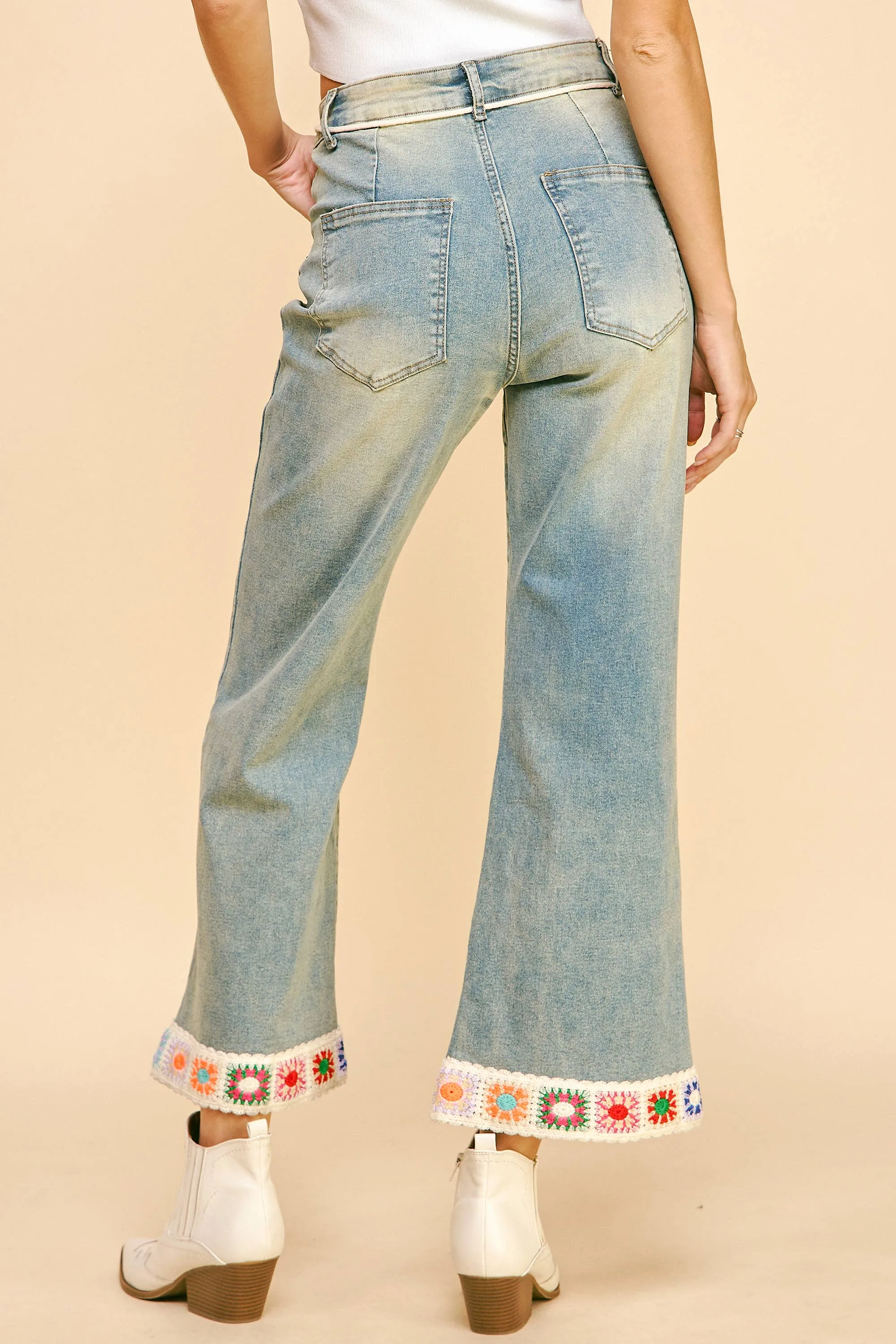 CROCHET TRIM STRAIGHT LEG DENIM JEANS