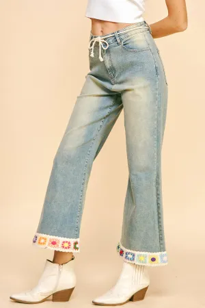 CROCHET TRIM STRAIGHT LEG DENIM JEANS