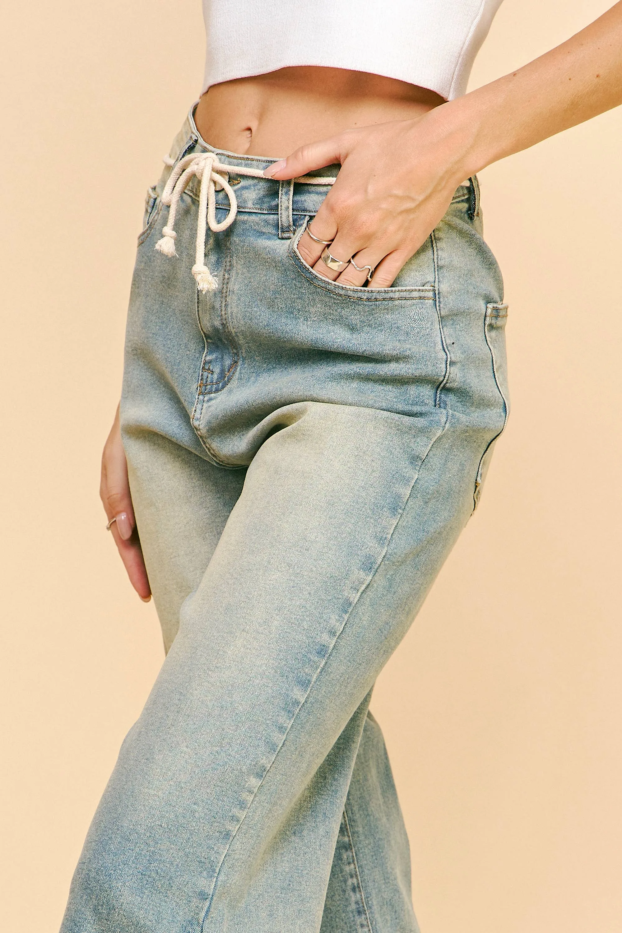 CROCHET TRIM STRAIGHT LEG DENIM JEANS