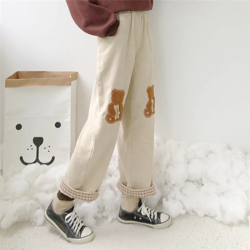 CUTE BEAR EMBROIDERED WIDE LEG PANTS UB3399