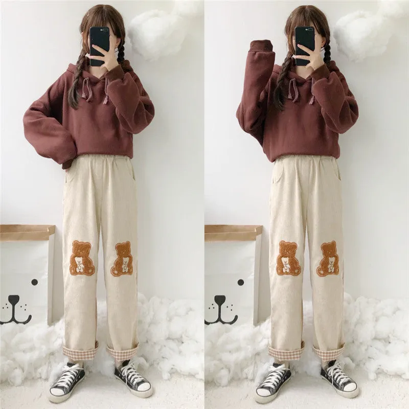 CUTE BEAR EMBROIDERED WIDE LEG PANTS UB3399