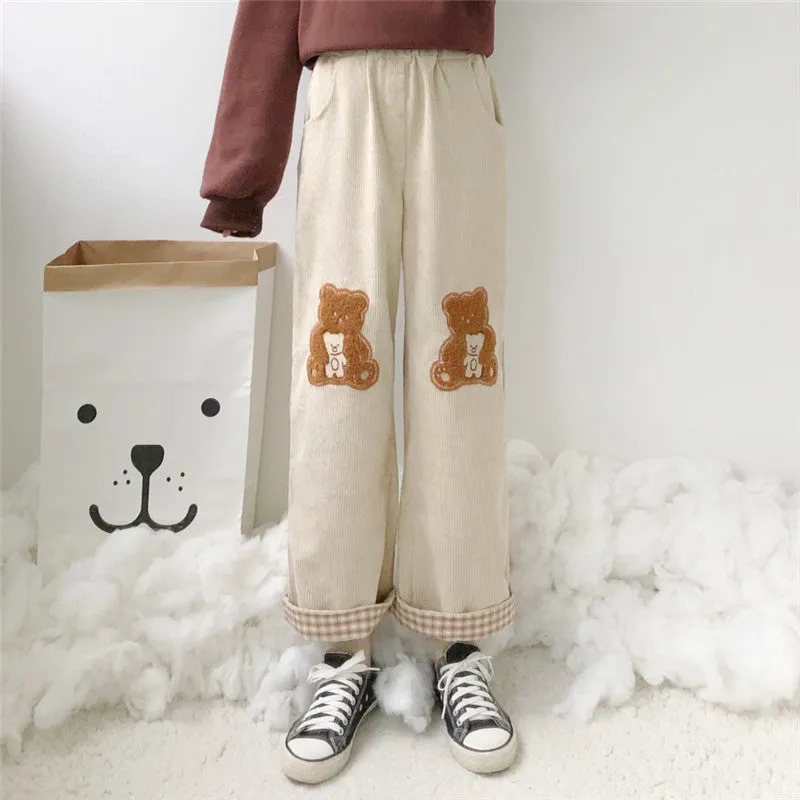 CUTE BEAR EMBROIDERED WIDE LEG PANTS UB3399