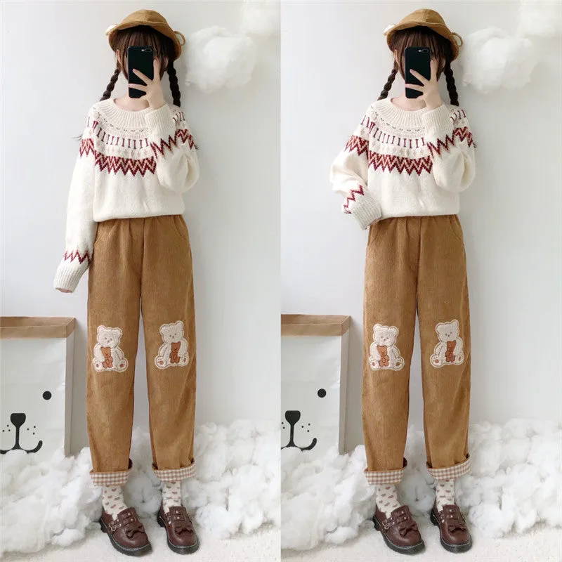 CUTE BEAR EMBROIDERED WIDE LEG PANTS UB3399