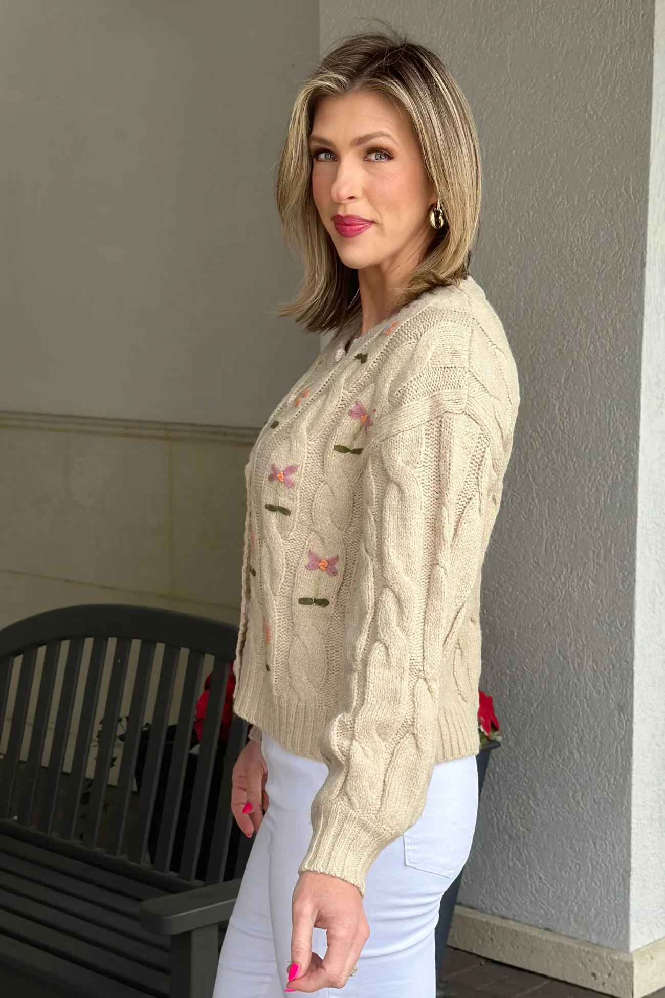 Daisy Embroidered Cable Knit Cardigan
