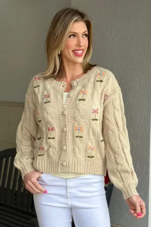 Daisy Embroidered Cable Knit Cardigan