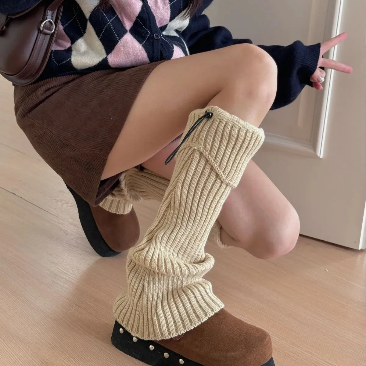 Elastic Drawstring Knitted Leg Warmers – Y2K Winter Calf Socks for Women, Korean JK Style Leggings