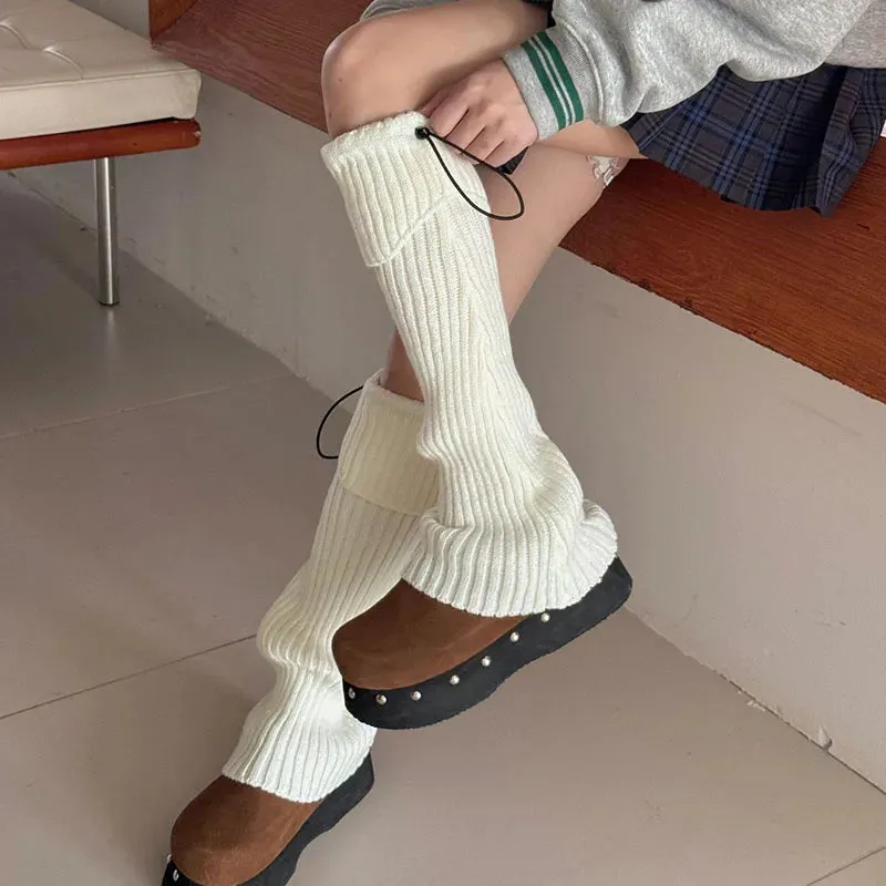 Elastic Drawstring Knitted Leg Warmers – Y2K Winter Calf Socks for Women, Korean JK Style Leggings
