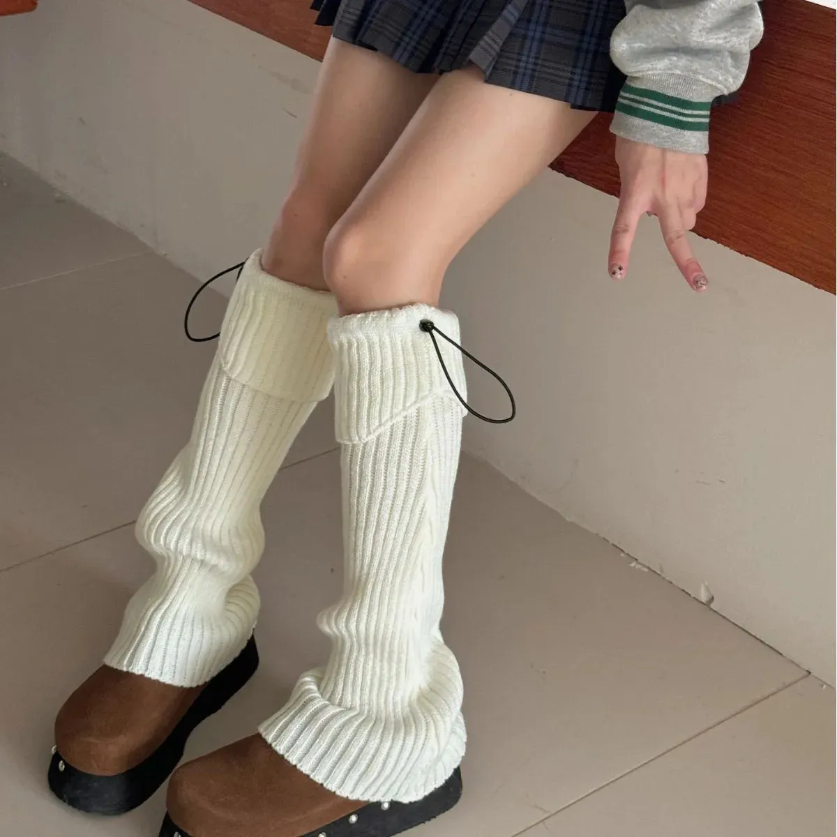 Elastic Drawstring Knitted Leg Warmers – Y2K Winter Calf Socks for Women, Korean JK Style Leggings