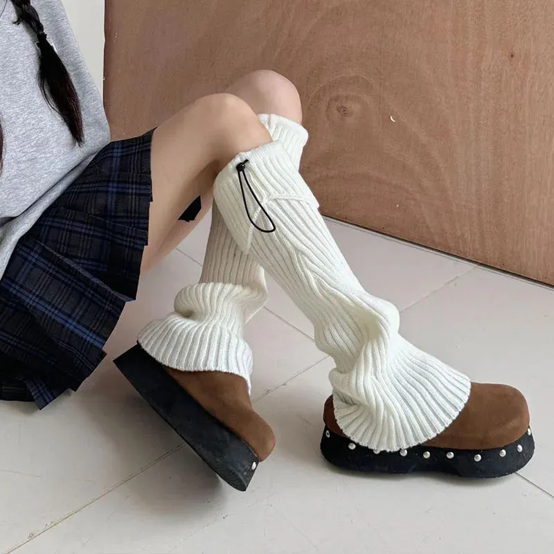 Elastic Drawstring Knitted Leg Warmers – Y2K Winter Calf Socks for Women, Korean JK Style Leggings