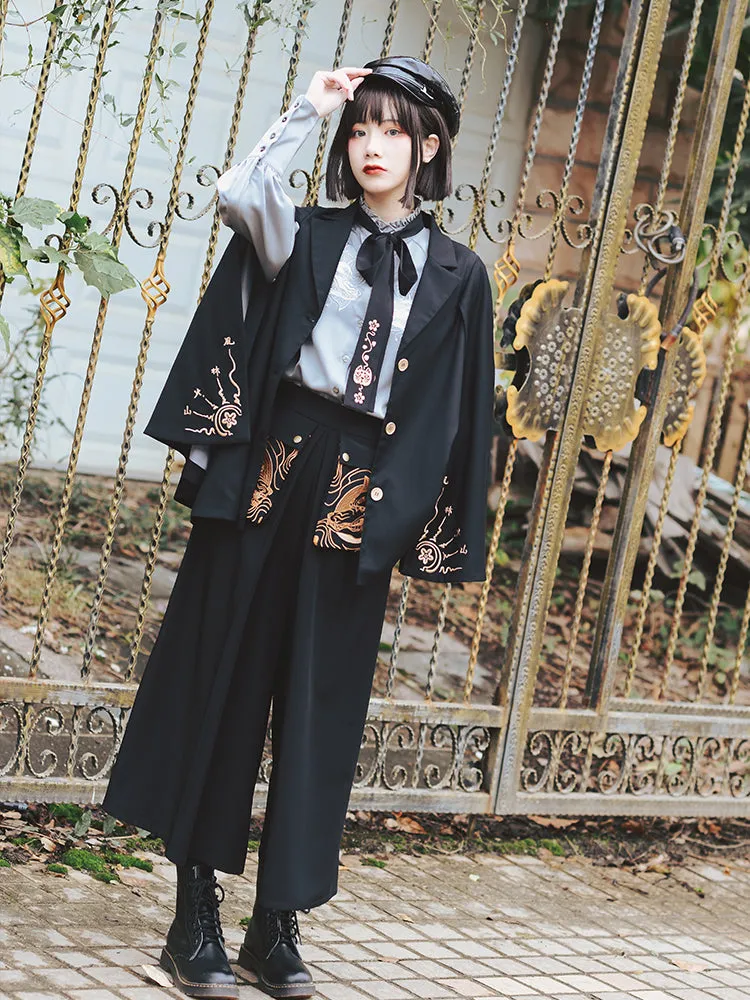 Embroidered Japanese Style Wide Leg Pants Cool And Retro Pants S20858