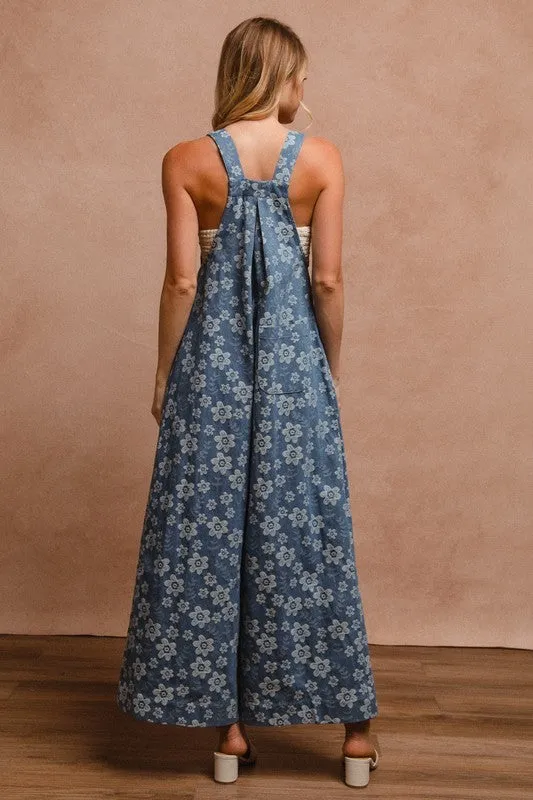 FLORAL EMBROIDERED WIDE LEG OVERALLS WIT