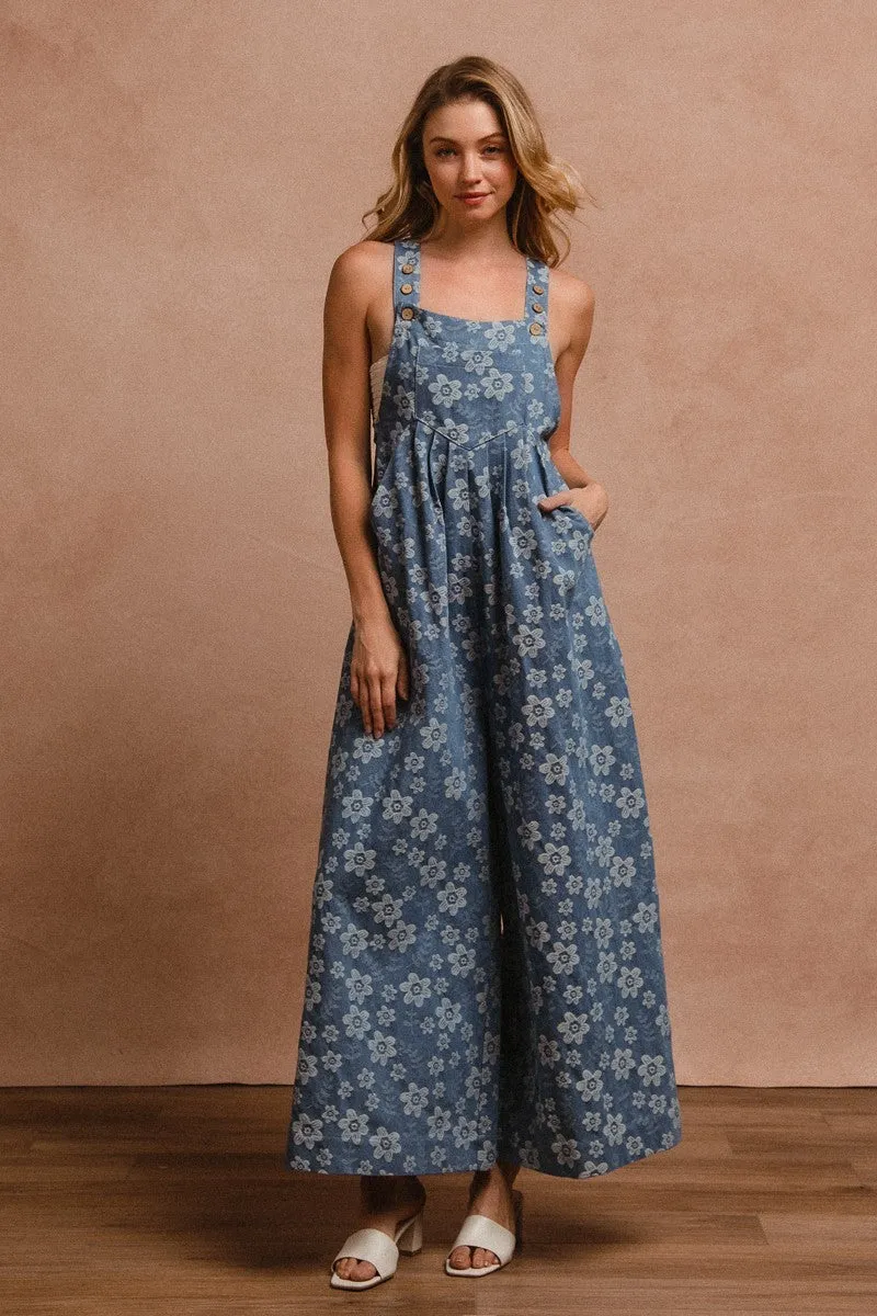 FLORAL EMBROIDERED WIDE LEG OVERALLS WIT