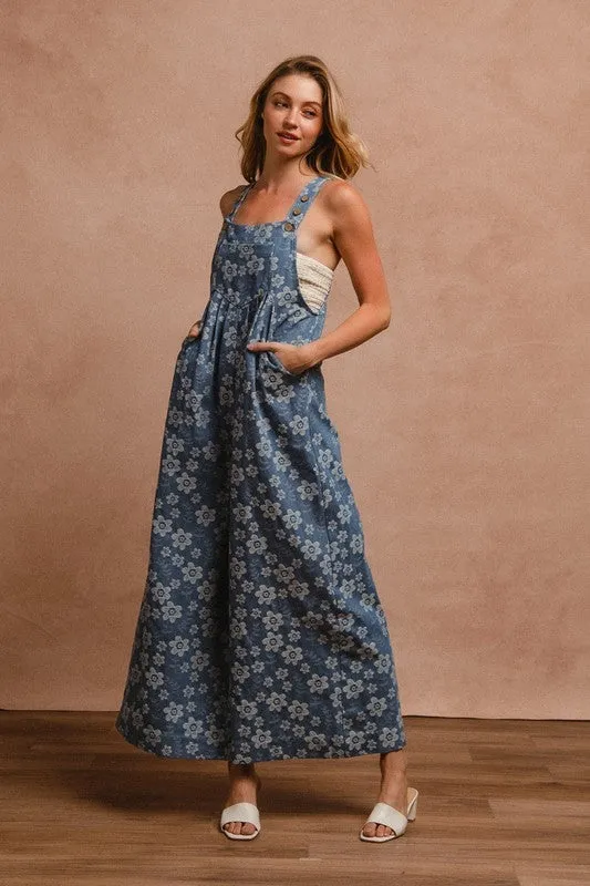 FLORAL EMBROIDERED WIDE LEG OVERALLS WIT