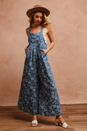 FLORAL EMBROIDERED WIDE LEG OVERALLS WIT