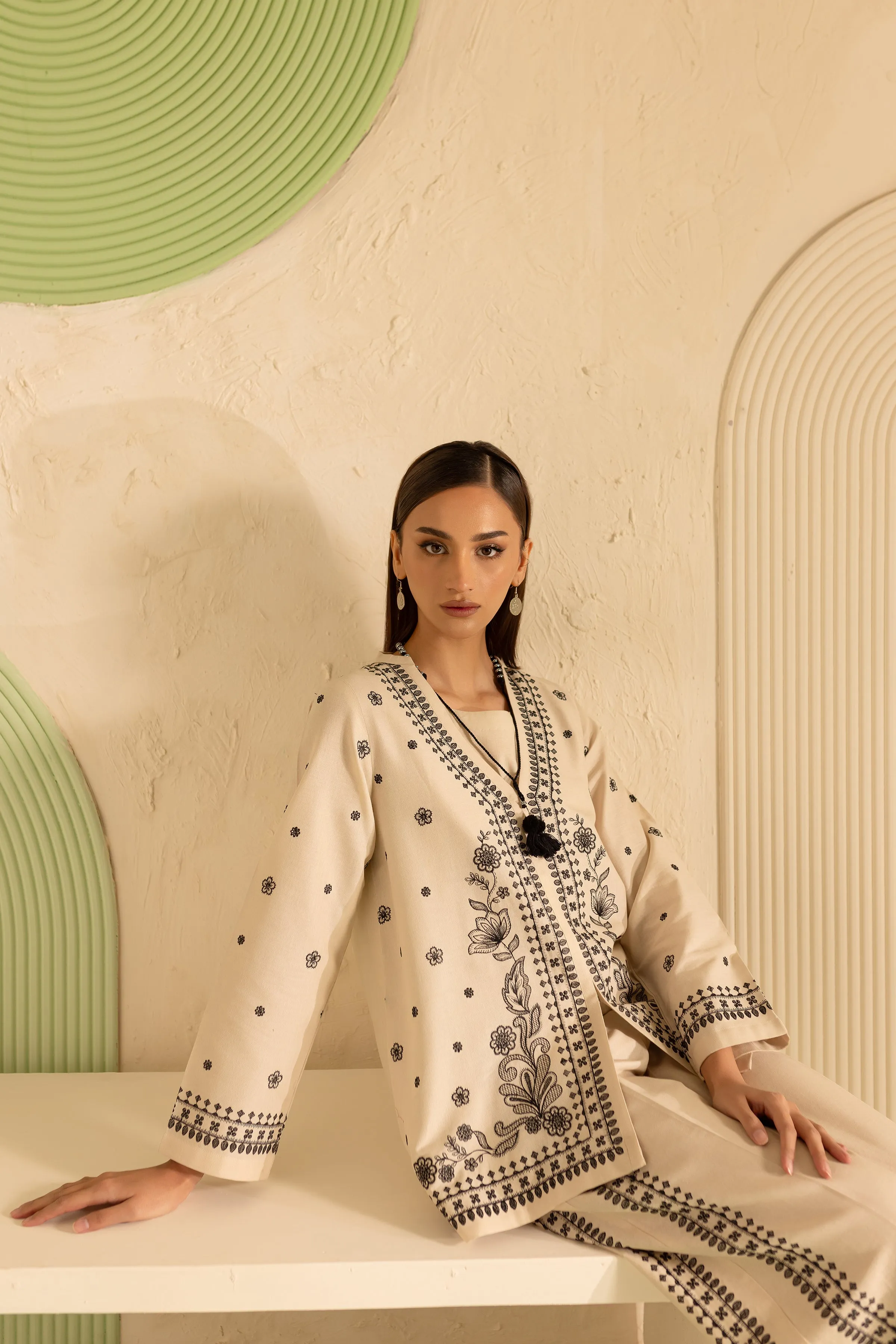 Greek 3Pc - Embroidered Khaddar Dress