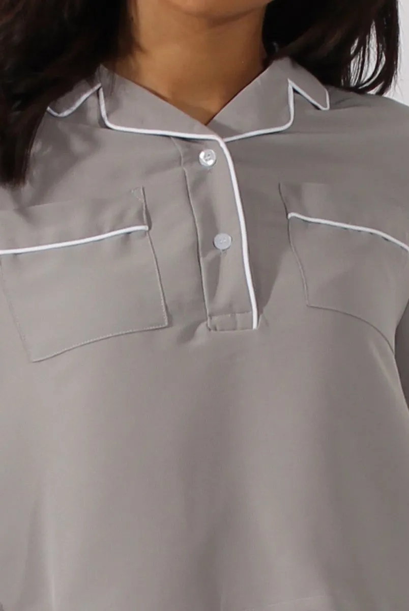 Grey Contrast Piping Cropped Shirt - Simone