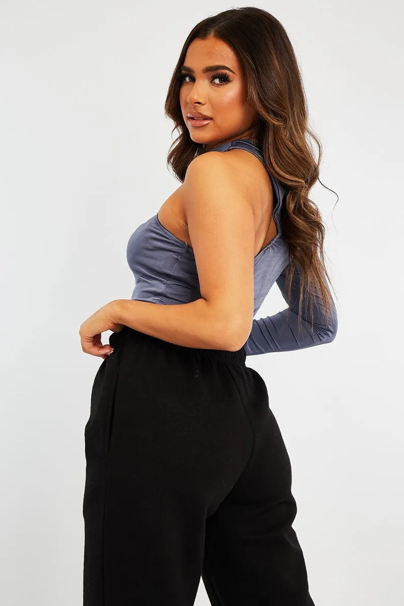 Grey Slinky One Sleeve Crop Top - Katara