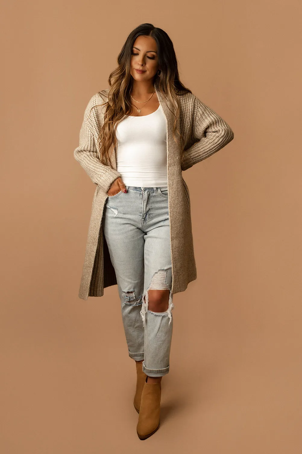 Hopeless Chunky Knit Long Cardigan (Taupe) | FINAL SALE