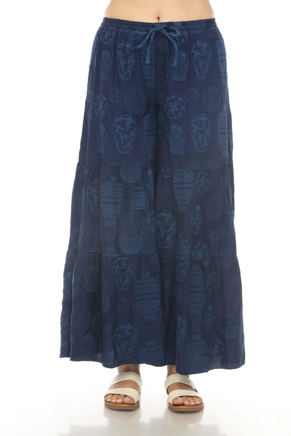 Johnny Was Embroidered Pull On Tiered Wide Leg Pants Boho Chic C63924