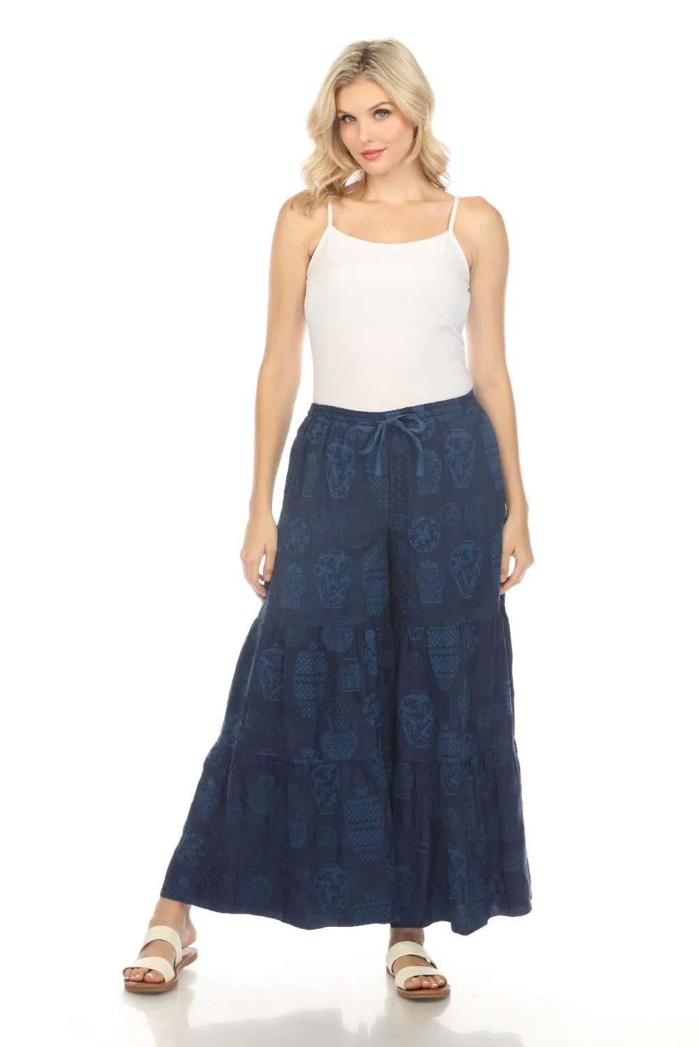 Johnny Was Embroidered Pull On Tiered Wide Leg Pants Boho Chic C63924