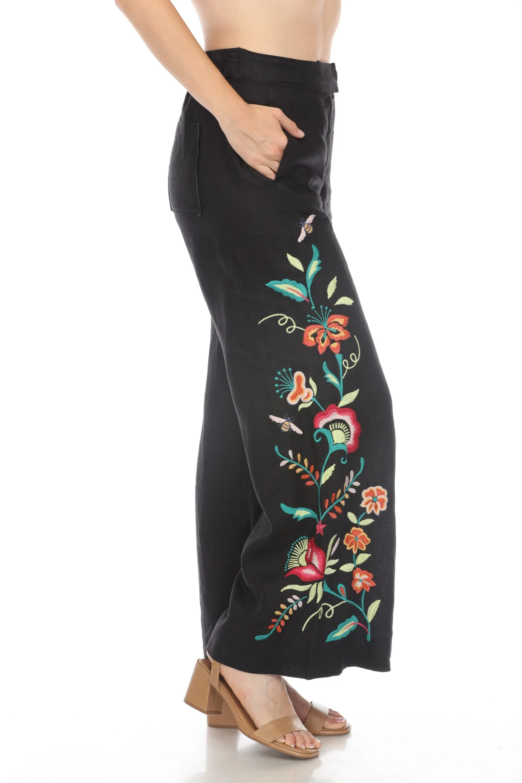 Johnny Was JWLA Averi Wide Leg Embroidered Linen Pants Boho Chic J69524 *