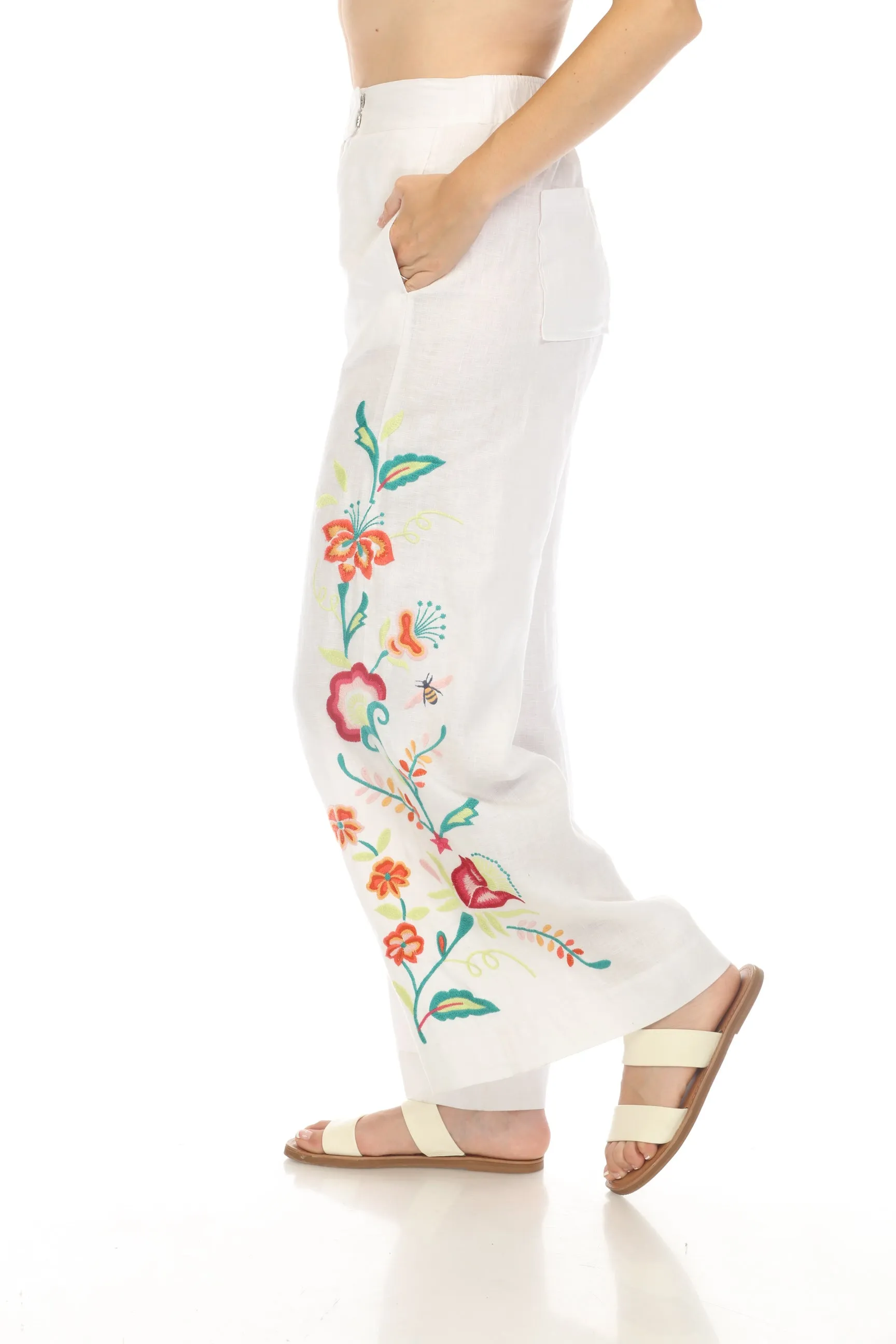 Johnny Was JWLA Averi Wide Leg Embroidered Linen Pants Boho Chic J69524 *