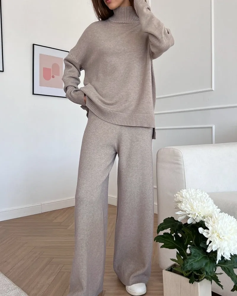 Knitted Turtleneck Sweater & Wide Leg Pant 2 Piece Set for Women