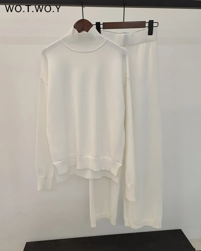 Knitted Turtleneck Sweater & Wide Leg Pant 2 Piece Set for Women