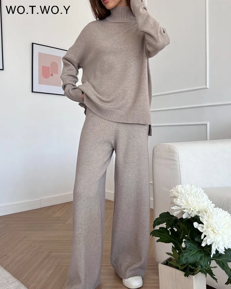 Knitted Turtleneck Sweater & Wide Leg Pant 2 Piece Set for Women