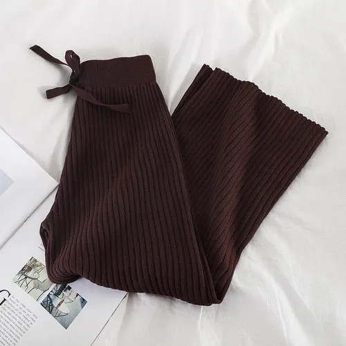 Knitted Wide Leg Pants Women Solid Pit Long Trousers