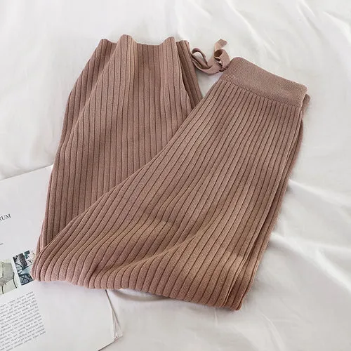 Knitted Wide Leg Pants Women Solid Pit Long Trousers