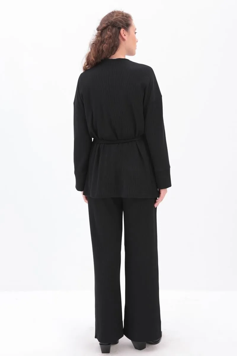 Knitted Wrap-Style Wide-Leg Set | Black