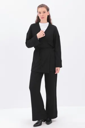 Knitted Wrap-Style Wide-Leg Set | Black