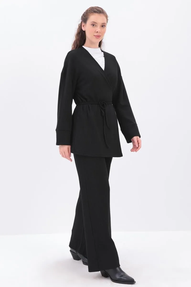 Knitted Wrap-Style Wide-Leg Set | Black