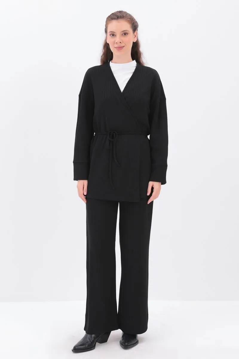 Knitted Wrap-Style Wide-Leg Set | Black