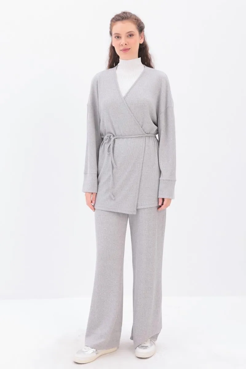 Knitted Wrap-Style Wide-Leg Set | Grey