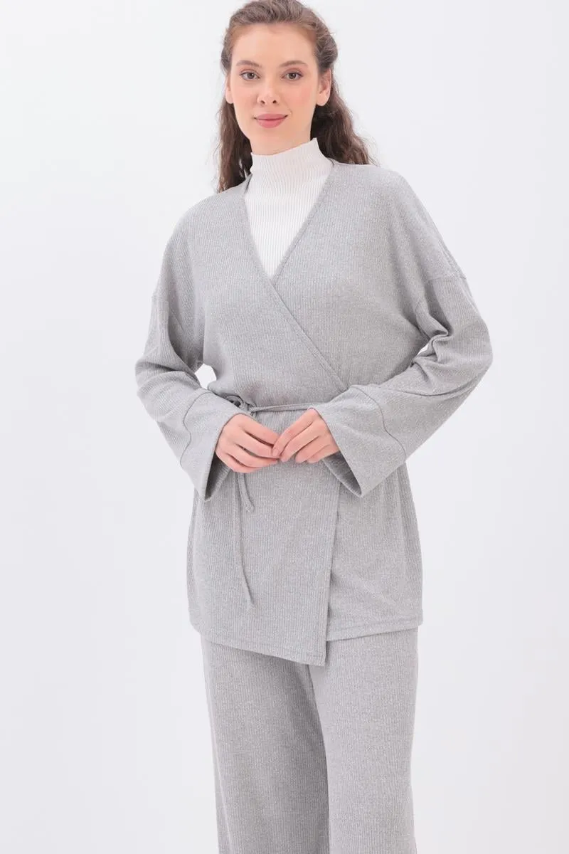 Knitted Wrap-Style Wide-Leg Set | Grey